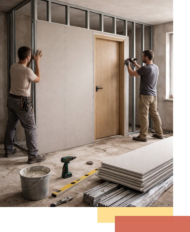 Перегородка из гипсокартона с дверью под ключ в Салехарде