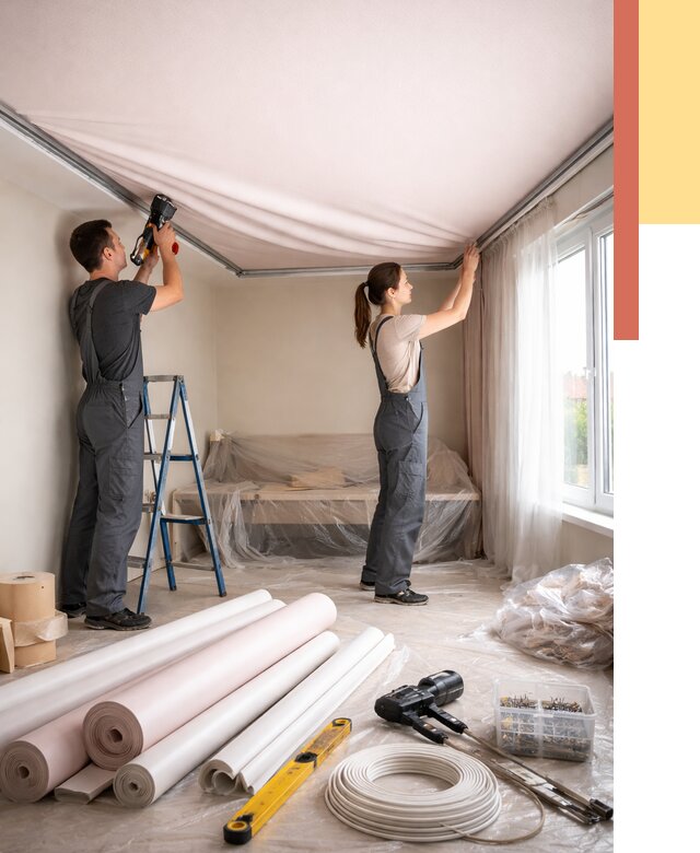 Монтаж цветного натяжного потолка в Салехарде от 4496 руб/м² — быстро и недорого | ОТДЕЛОЧНИК-Слх