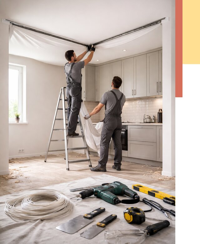 Установка натяжного потолка на кухне в Салехарде от 2569 руб. | ОТДЕЛОЧНИК-Слх